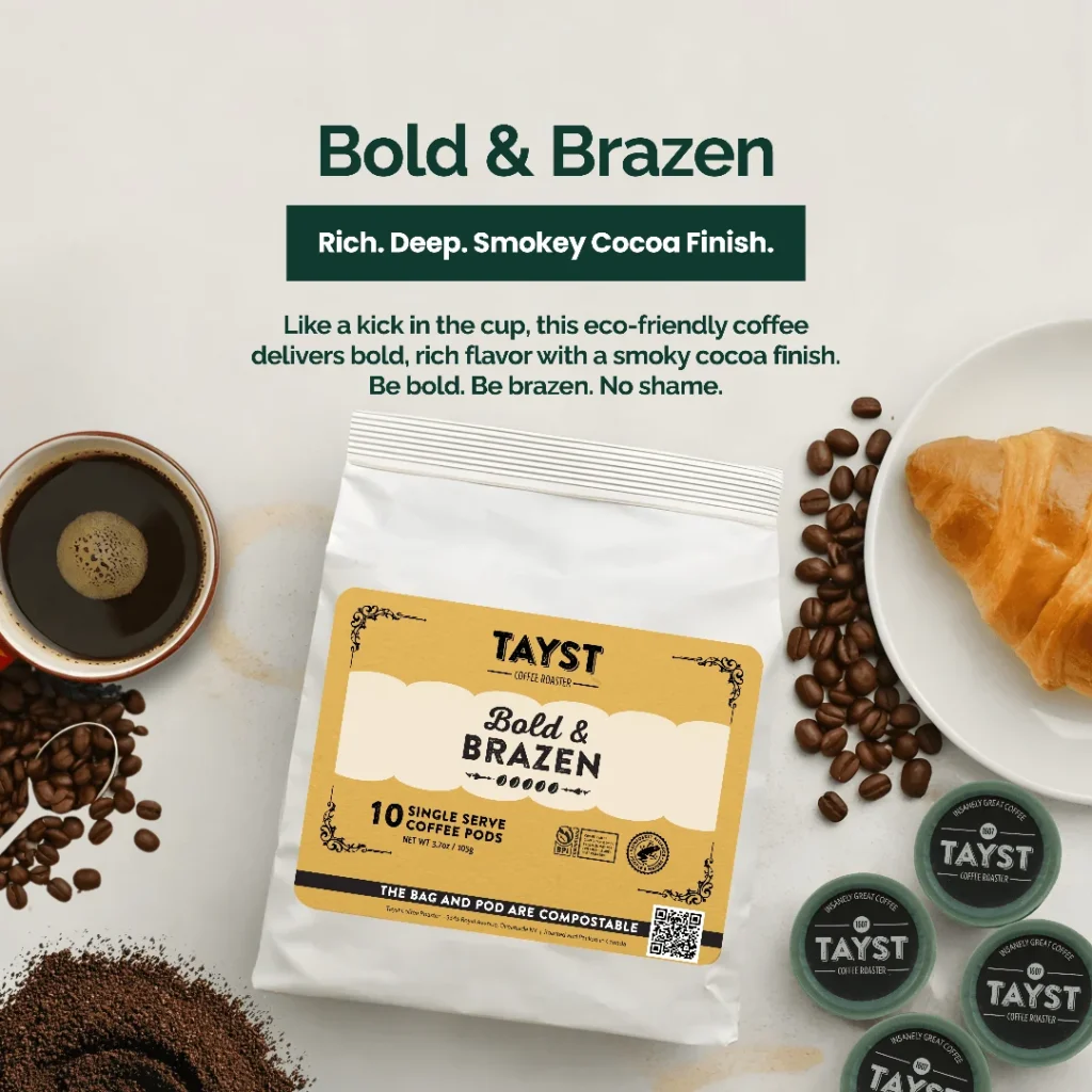 Tayst Bold & Brazen compostable single-serve coffee pod package on a yellow background.