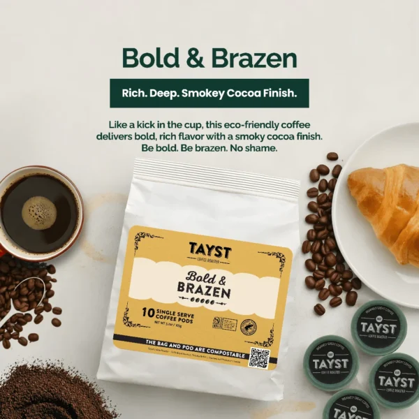 BoldandBrazenCompostablePodsforKeurig (1) Tayst Bold & Brazen compostable single-serve coffee pod package on a yellow background.