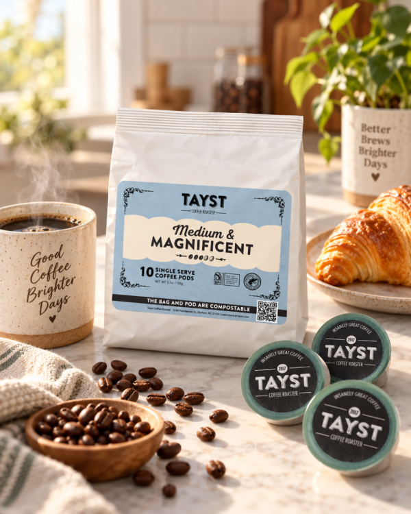 Med asnd Mag lifstyl 3d568d8a-8416-42b9-9915-8a7d4884d1ca Tayst Medium & Magnificent Coffee Pods displayed in a coffee lifestyle setting