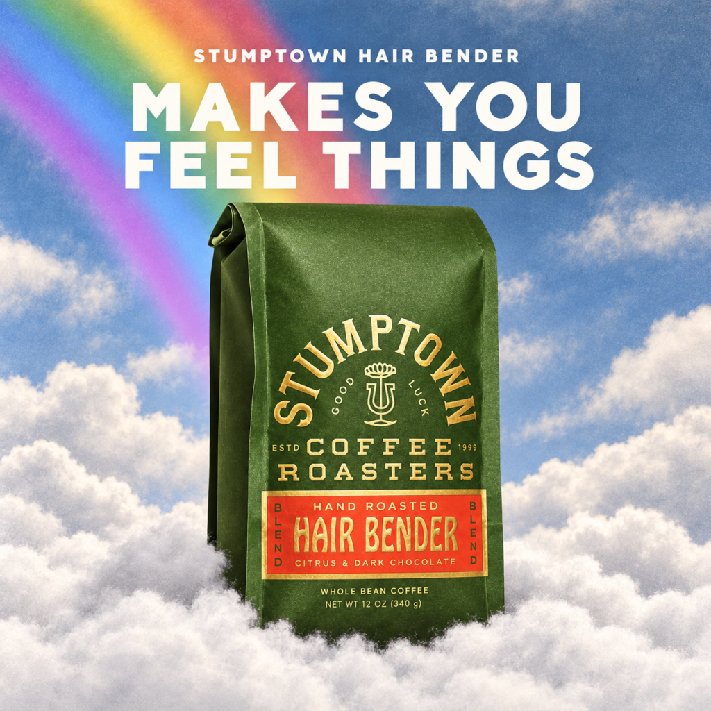 Stumptown Hair Bender coffee bag with rainbow and clouds